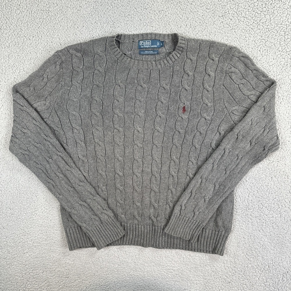 VTG Polo Ralph Lauren Cotton Cable Knit Sweater Men Large Grey Pony Heavyweight